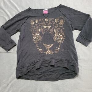 Flowers by Zoe Shirt Girl Size 10 Black Comfort Stretch Studded Animal Print Top